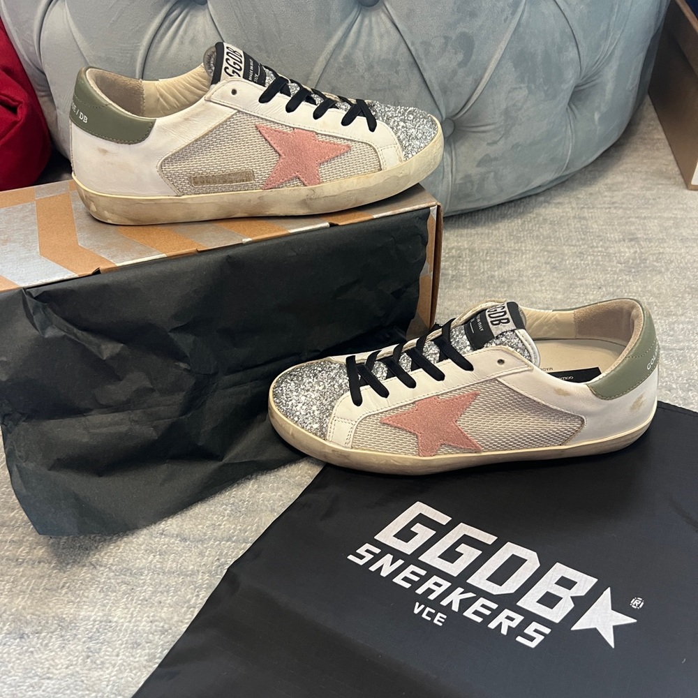 Golden Goose Superstar white grey card-silver glitter, 37 orig box & bag RARE